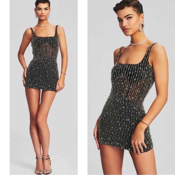 Retrofete Spencer Crystal Beaded Embellished Black and Silver Mini Dress Size M - Picture 2 of 12